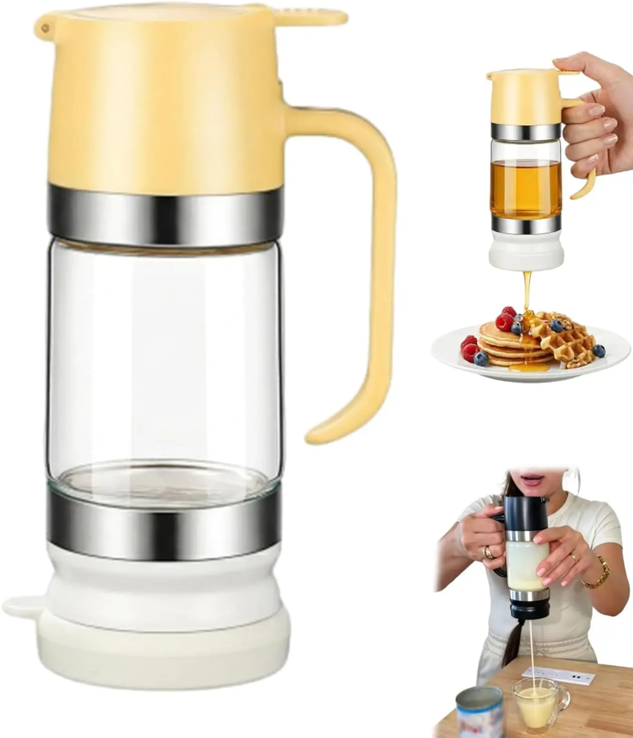 12oz Aesthetic No-Drip Glass Honey Dispenser with Handle, Bottom Release, Modern Rectangle Refillable Honey Jar for Kitchen Home Organization Storage