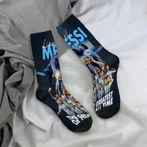 Mid-calf socks, featuring Messi football superstar trophy designs, celebrity merchandise, durable socks, unisex socks, perfect for fans, holiday gifts, and birthday presents.