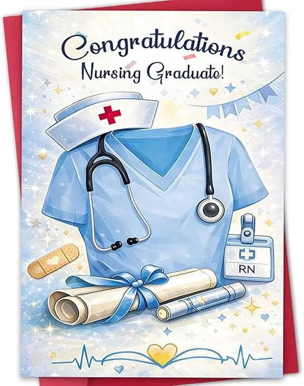 Nursing Graduation Card, Congratulations Card for Nursing Graduate with Printed Message Inside, RN Graduation Gift, with Luxury Red Envelope