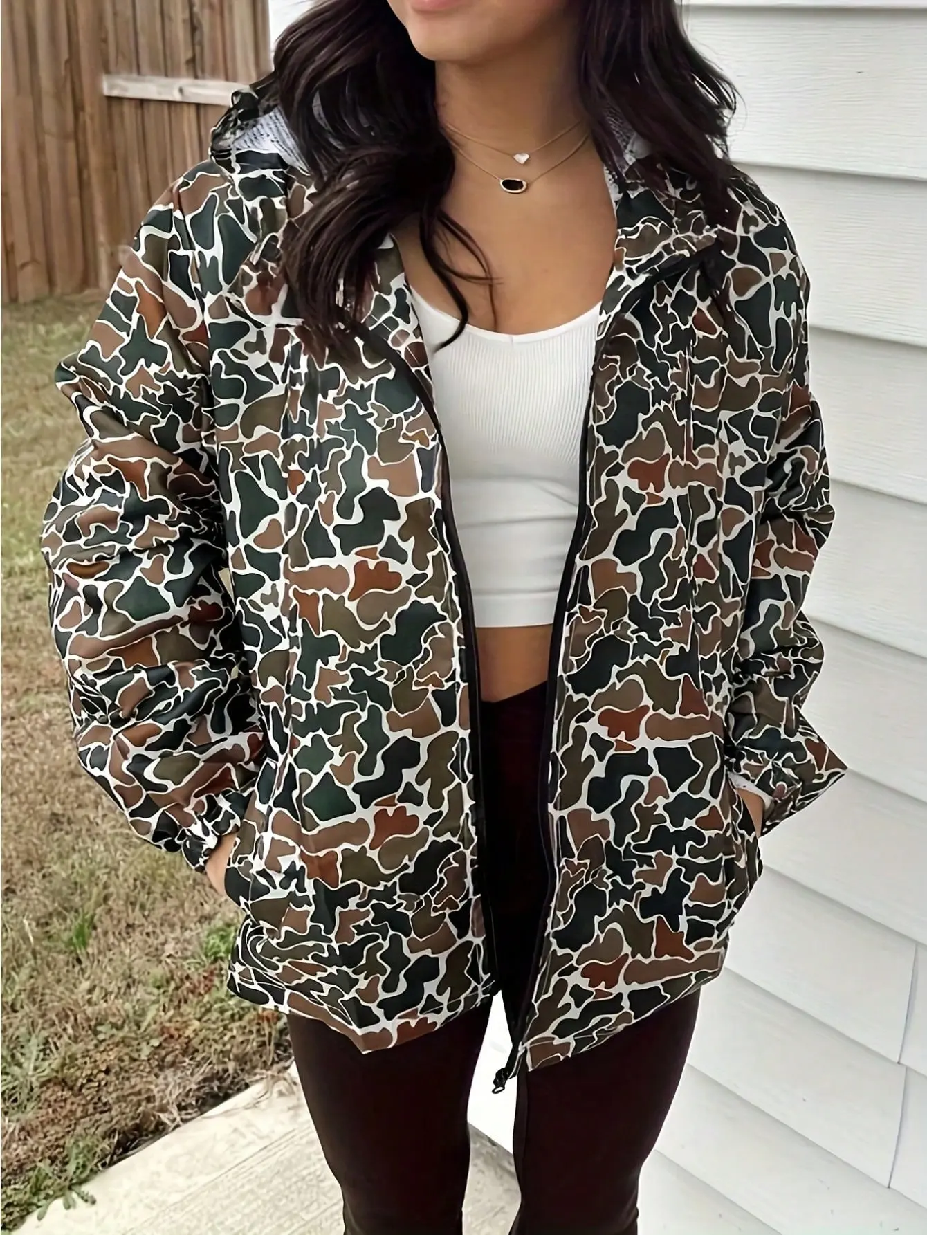 Vintage Duck Camo Jacket Lightweight Zip-Up Thin Waterproof Oversized Pullover Long-Sleeved Top for Women