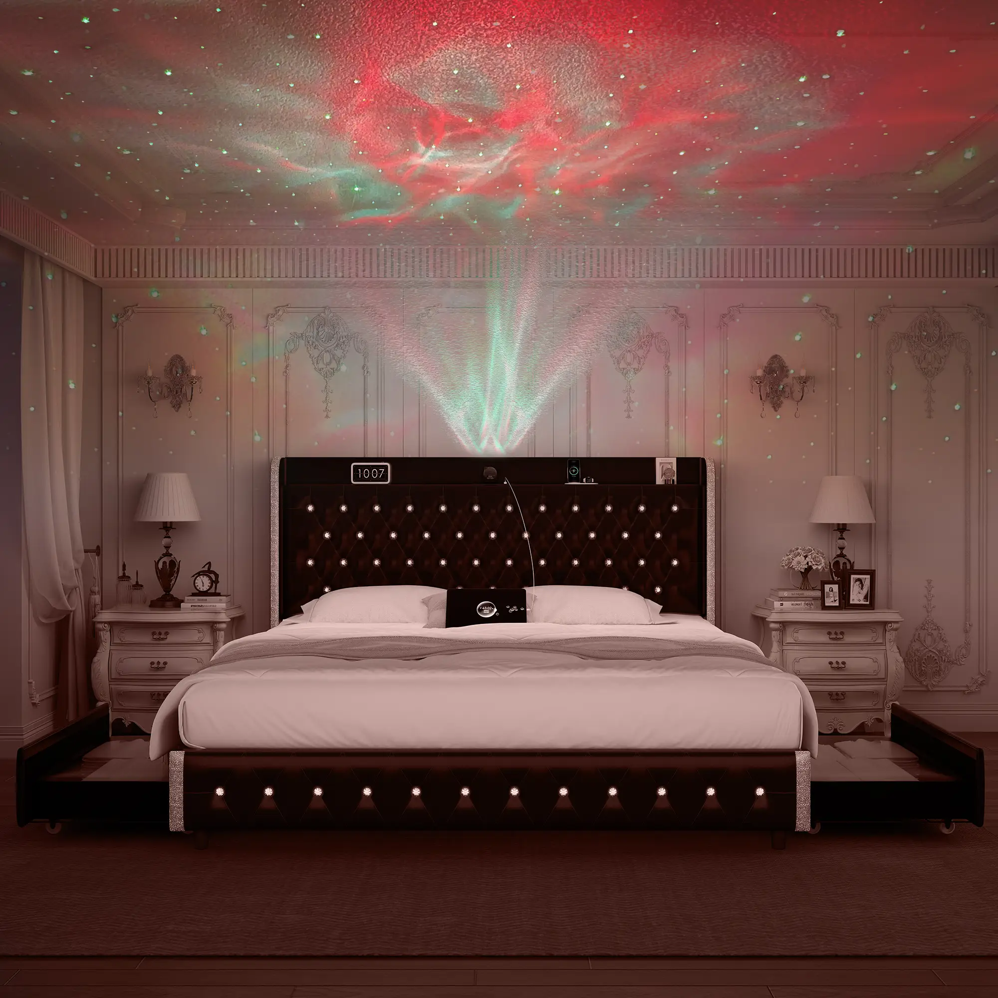 Queen LED Bed Frame Galaxy Projector White Noise Bluetooth Music speaker, , 46“ Tall Headboard with USB Charging , No Box Spring Required and No Ma