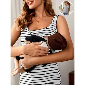 Maternity vest, casual sports top, white striped summer style, nursing and breastfeeding-friendly maternity wear