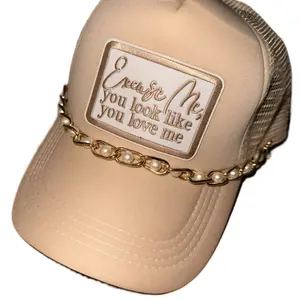 Excuse Me You Look Like You Love Me Trucker Hat with Patch and Chain, Beige Color, Adjustable Fit