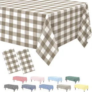 2 Pack Khaki Gingham Tablecloth, 54 x 108 Inches Khaki and White Checkered Tablecloths Plastic Table Cloth Disposable Picnic Tablecovers for Rectangle Table