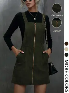Women's Corduroy Zipper Strap Dress, Vintage Fashion, Easy to Match, Body-Flattering Design, Perfect for Casual Wear