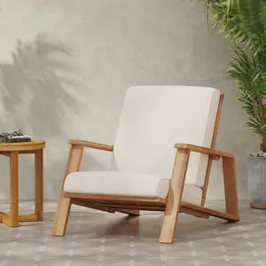Beige Solid Wood Outdoor Lounge Chair - 38.25x27.25x29in Contemporary Sloped Adirondack, Weather-Resistant Cushion, 400LBS Capacity, Stylish Dining Chairs for Garden, Poolside