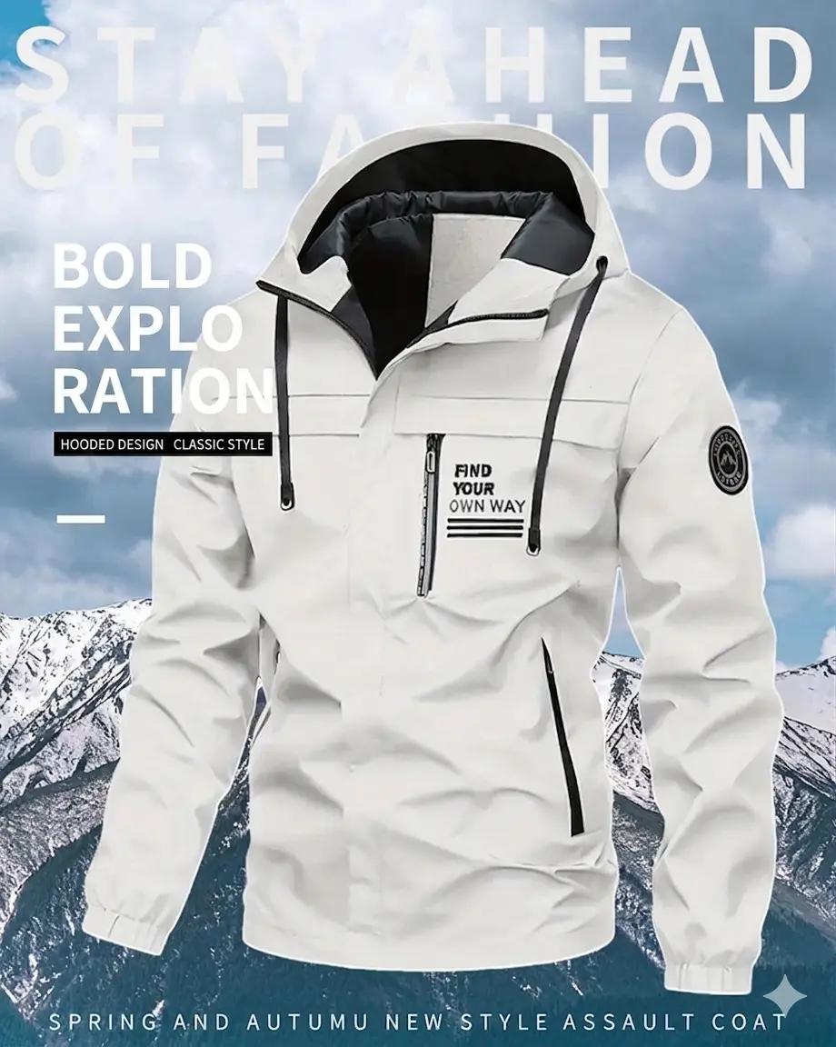 Men's Fleece Lined Waterproof Jacket with Windproof Hood, Breathable 3-Layer Fabric for Outdoor Hiking & Cycling, Side Seam Zippered Pocket, Front Zipper Pocket, Full Sleeve