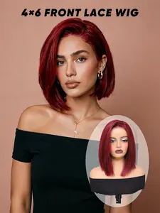 12-Inch Burgundy Bob Wig — Featuring a 4x6 HD Lace Front, Pre-Plucked Hairline, and Pre-Cut Style. Crafted from Heat-Resistant Synthetic Fibers, this wig is easy to wear, designed specifically for women, and perfect for daily use.