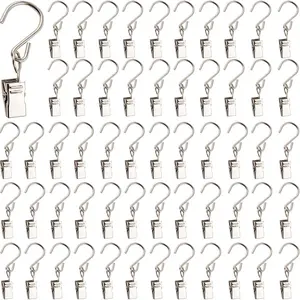 50PCS Stainless Steel S Hooks Curtain Clips, Hanging Party Lights Clips for Gutter Photo Camping Tents Art Craft Display Garden Courtyards Decoration, 2.4 Inch Long Silver