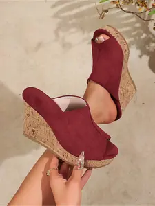2026 Summer Large Size New Cork Wedge Sandals, Velvet Fish Mouth Outdoor Wear, Height Increase Open Toe Slip-On Shoes