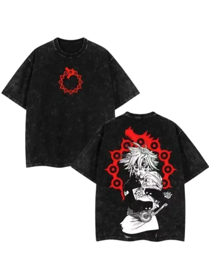 Men's Unisex Oversized Heavy Cotton Vintage Acid Washed Double-Sided Graphic Tee, 7 Deadly Sins Meliodas Front Demon Symbol & Back Dragon Print, Anime Manga Fan Gift Streetwear T-Shirt