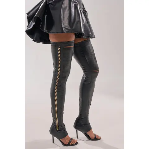 AZALEA WANG ZARIE BLACK THIGH HIGH STRETCH PU GOLD EMBELLISHED STILETTO BOOT