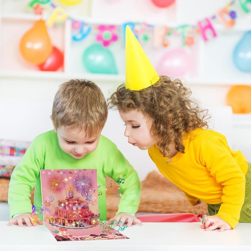 Cake Fireworks LED Candle Lights, 3D Birthday Card with Music and Colorful Lights, Musical Happy Pop-Up Birthday Card, Musical Birthday Gift Card for Kids, Wife, Husband, Grandpa, Grandma, Daughter, Son - Pink, Birthday Gift