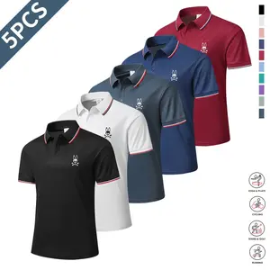 Men’s casual short-sleeve polo shirt set, 5 pieces, mixed colors; printed polo shirts, breathable and cool, suitable for all seasons—an ideal choice for holiday gifts.