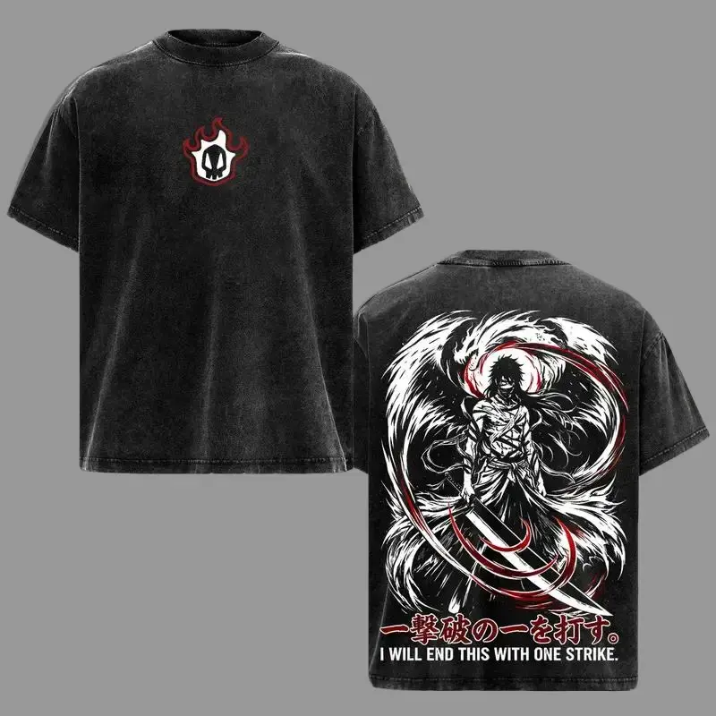 Vintage Washed Ichigo Kurosaki Oversized Anime T-Shirt | Heavy Cotton Bleach Graphic Tee Soul Reaper | Japanese Manga Apparel Streetwear Tops For Men And Women | The Best Epic Pop Culture Clothes Gifts For Bleach Anime Lovers And Fans