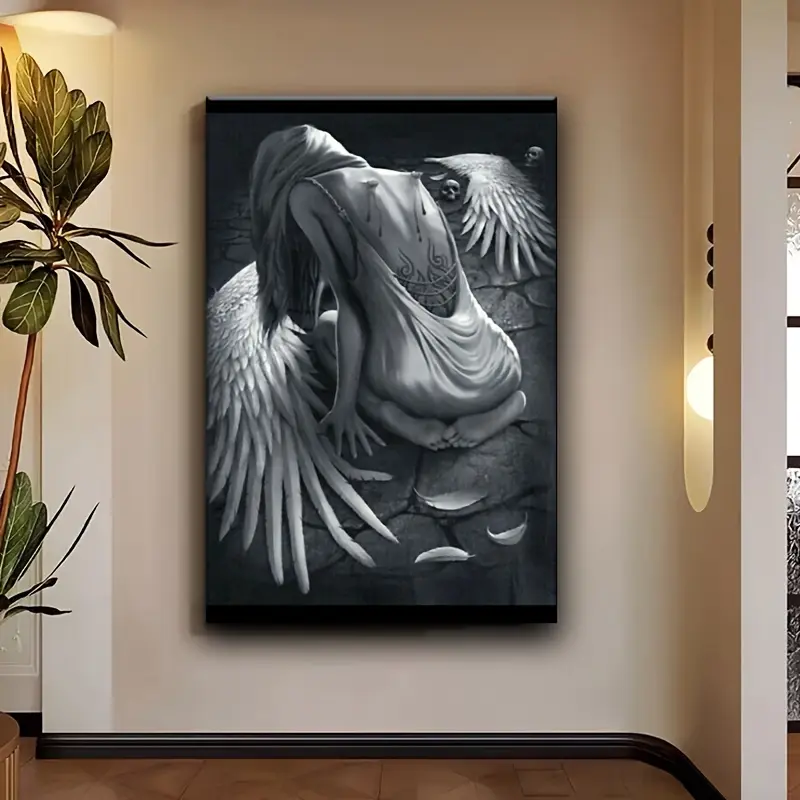 Angel Wings Pine Wood Framed Oil Painting Print, Aesthetic Design Wall Art Decoration, Modern 1-Design Ornament for Living Room, Bedroom Home Decor Supplies
