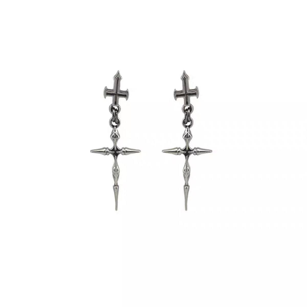 Gothic Punk Double Cross Chain Earrings Dark Cool Metal Piercing Jewelry for Gothic and Punk Fashion Enthusiasts Unique Edgy Look gifts