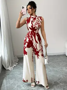 Elegant Women's Floral Print Jumpsuit, Bow Detail, High Neck Sleeveless Wide Leg, Fashion Design, All Seasons Wear, Casual Fashion Jumpsuit