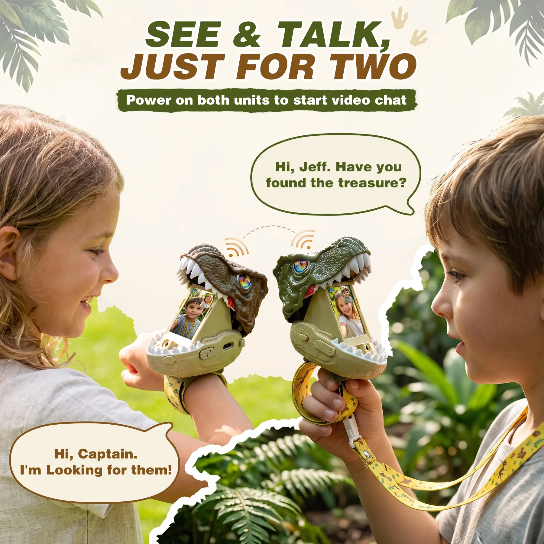 Two children using dinosaur video walkie talkies outdoors