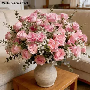 High-quality lifelike artificial flower decorative bouquet set, including pink roses, white baby's breath, and green eucalyptus leaves, suitable for home decoration, wedding bridal corsages, engagement celebrations, and anniversary floral decorations.