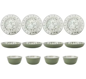 12-Piece Bamboo Melamine Dinnerware Set, Green, 11.00 x 11.00 x 0.85 Inches