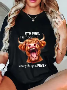 100% Cotton Unisex Funny Highland Cow It's Fine I'm Fine Everything Is Fine T-Shirt Black Casual Top