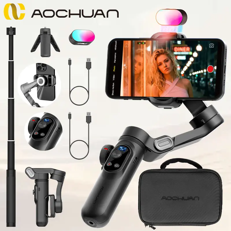 Cinematic 3-Axis Gimbal Stabilizer Kit w/ Foldable Selfie Stick & RGB Light | For iPhone 17 Pro Max & Android | Top-Tier Travel Vlogging Gear for Solo Creators - | USKEYVISON:  Go Viral With Butter-Smooth Shots