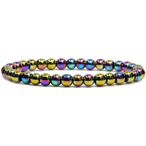 Angelstones Natural Aqua Aura Hematite Gemstone 6mm Round Beads Stretch Bracelet 7" Unisex