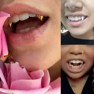 2 Pieces 14K Gold Plated Flat Grill, Copper Icy Teeth Cover, Hip-hop Classic Style, Rapper Clothing Accessories For Men And Women, Suitable Halloween, Parties, Music Festivals - Year-round -L4