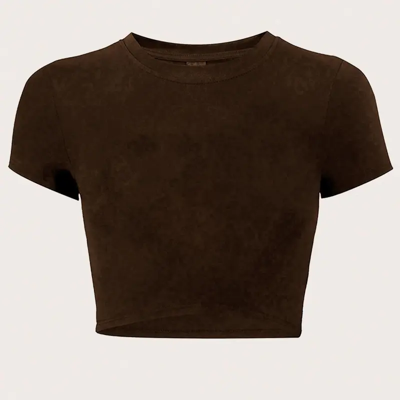 Women's Solid Basic Short Sleeve Crop Tee, Casual Round Neck T-shirt for Summer, Ladies Clothes for Daily Wear, Casual Loose Tees