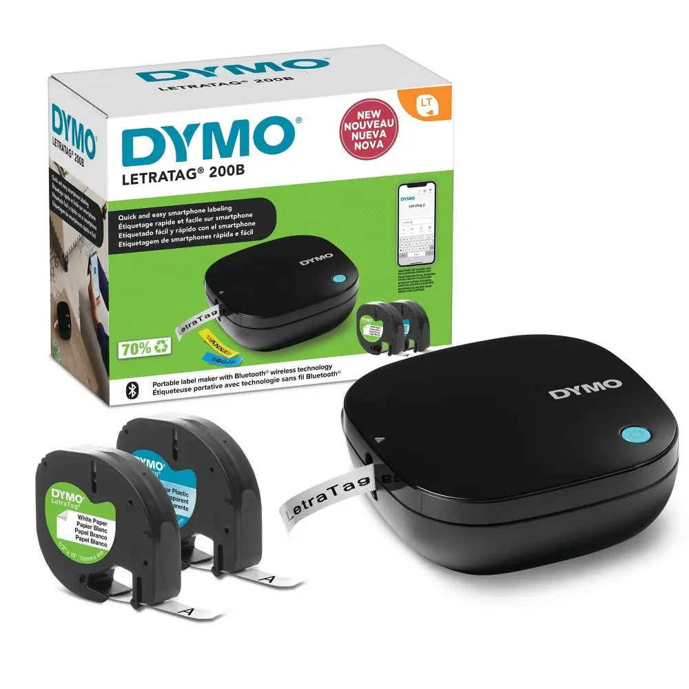 Dymo LetraTag 200B Bluetooth Label Maker Black with 2pk Assorted Label Tapes: Portable Label Printer Battery Operated