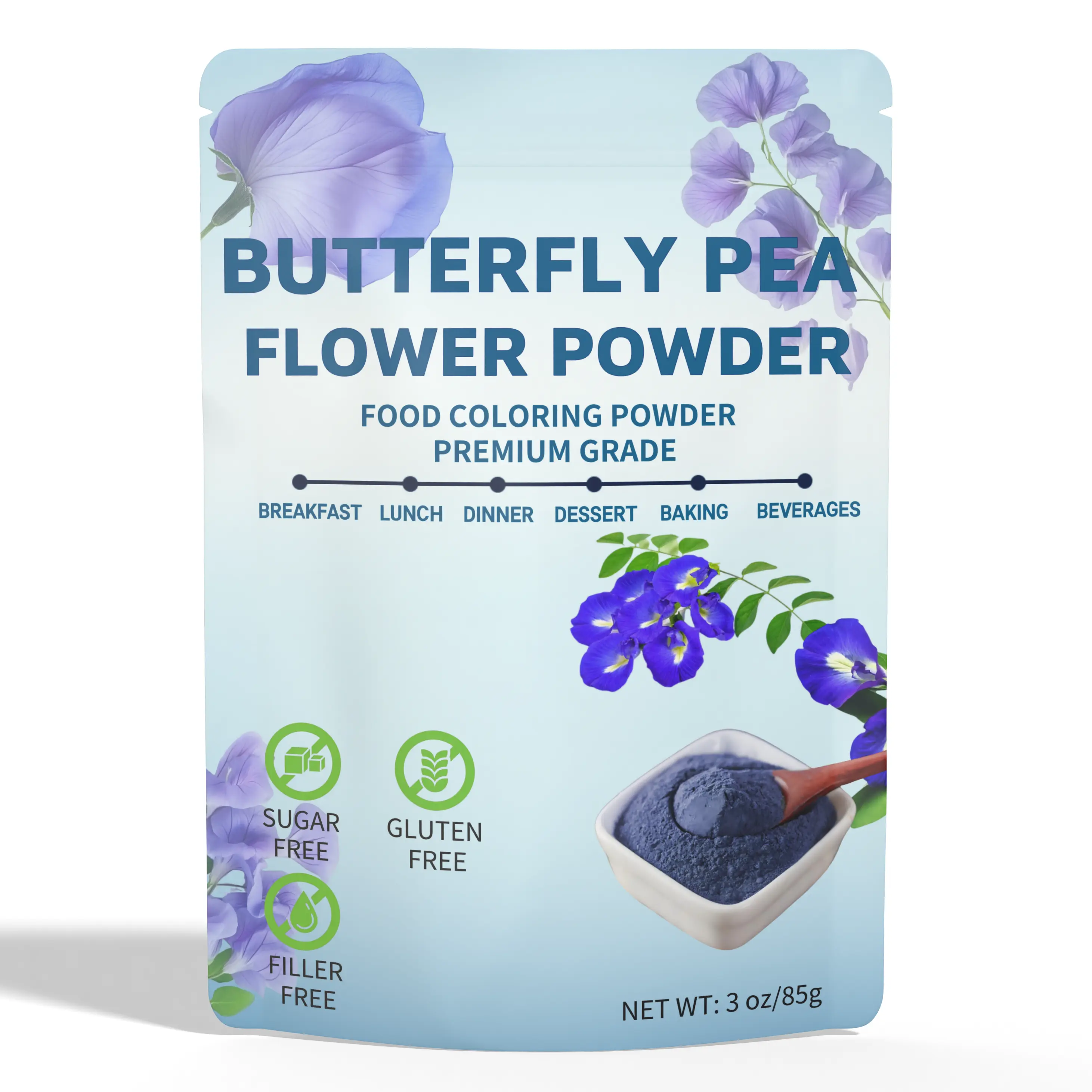 Butterfly Pea Flower Powder - 3oz All Natural Butterfly Pea Flower Tea, Bright Blue and Purple Food Coloring Butterfly Pea Powder for Ice Cream, Tea, Popsicle, Cocktail, Smoothies, Coffee, Milk, Bakery - 85g
