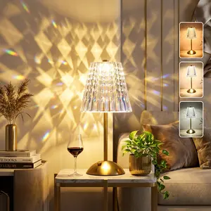 Luxury Diamond Cut Crystal Table Lamp - 5000mAh Rechargeable Cordless, Touch Control, 3 Color Dimmable, Matte Brass, for Dining Table Dinner Decor, Bedroom Bar - Perfect Light for Family Date Night