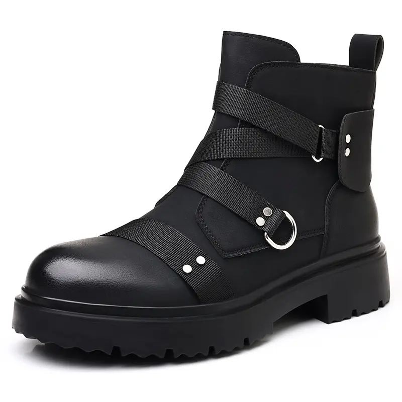 Men's Black Closed Chunky Platform Ankle Boots - Strap Buckles, Easy Side Entry, Thick Grip Sole, Punk Military Style Elevated Casual Walking Shoes, Footwear, Streetwear, Preppy, Retro, Minimalist, Platform Heel, Athletic, Side Zip, All Seasons, Modest, E