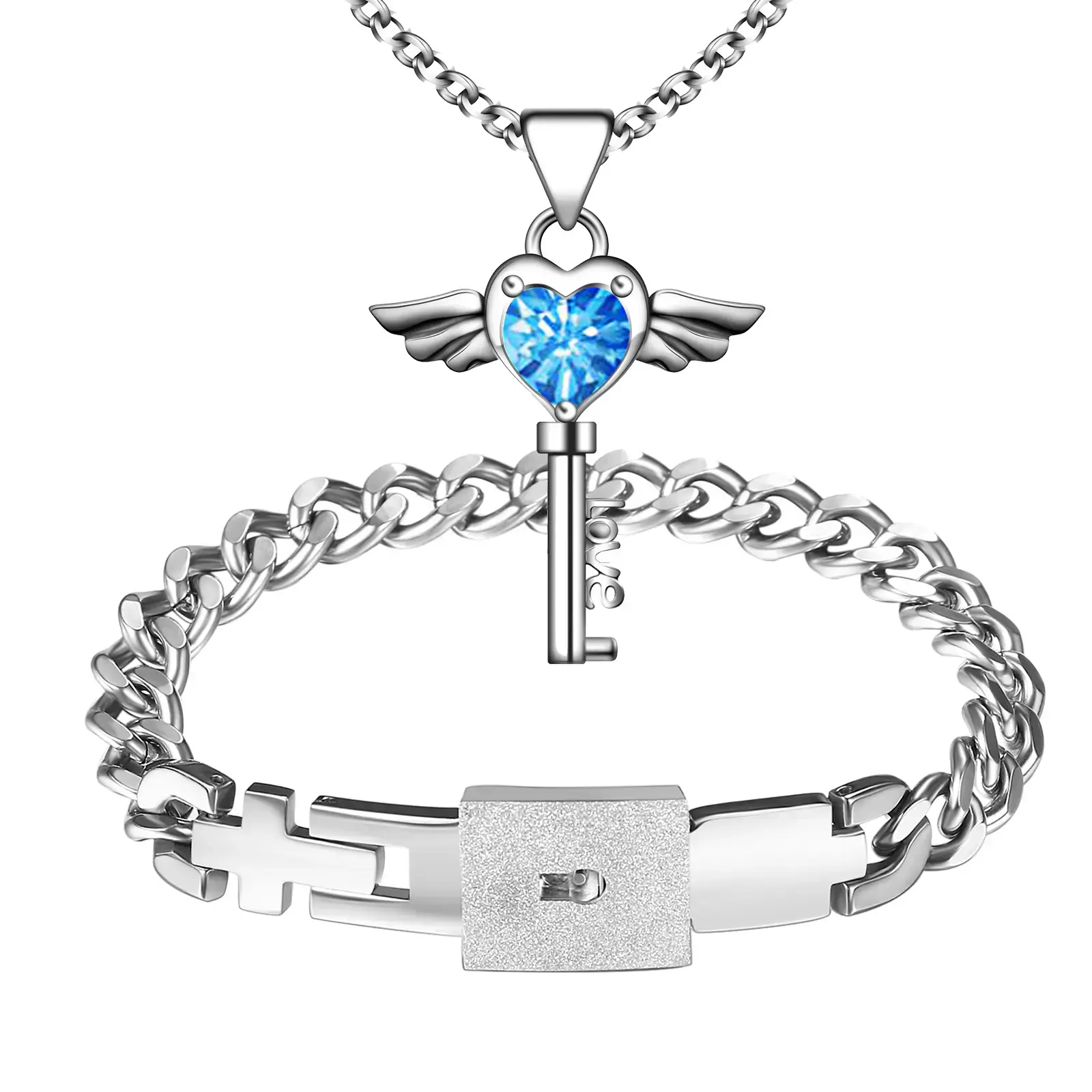 OIDEA 2-Piece Lock and Key Matching Jewelry Set - Stainless Steel Cubic Zirconia Heart Wings Women's Necklace, Adjustable Lock Bracelet, Thoughtful Romantic Promise Gift with Lasting Shine for Valentine’s Day, Anniversary, Matching Couple Necklaces