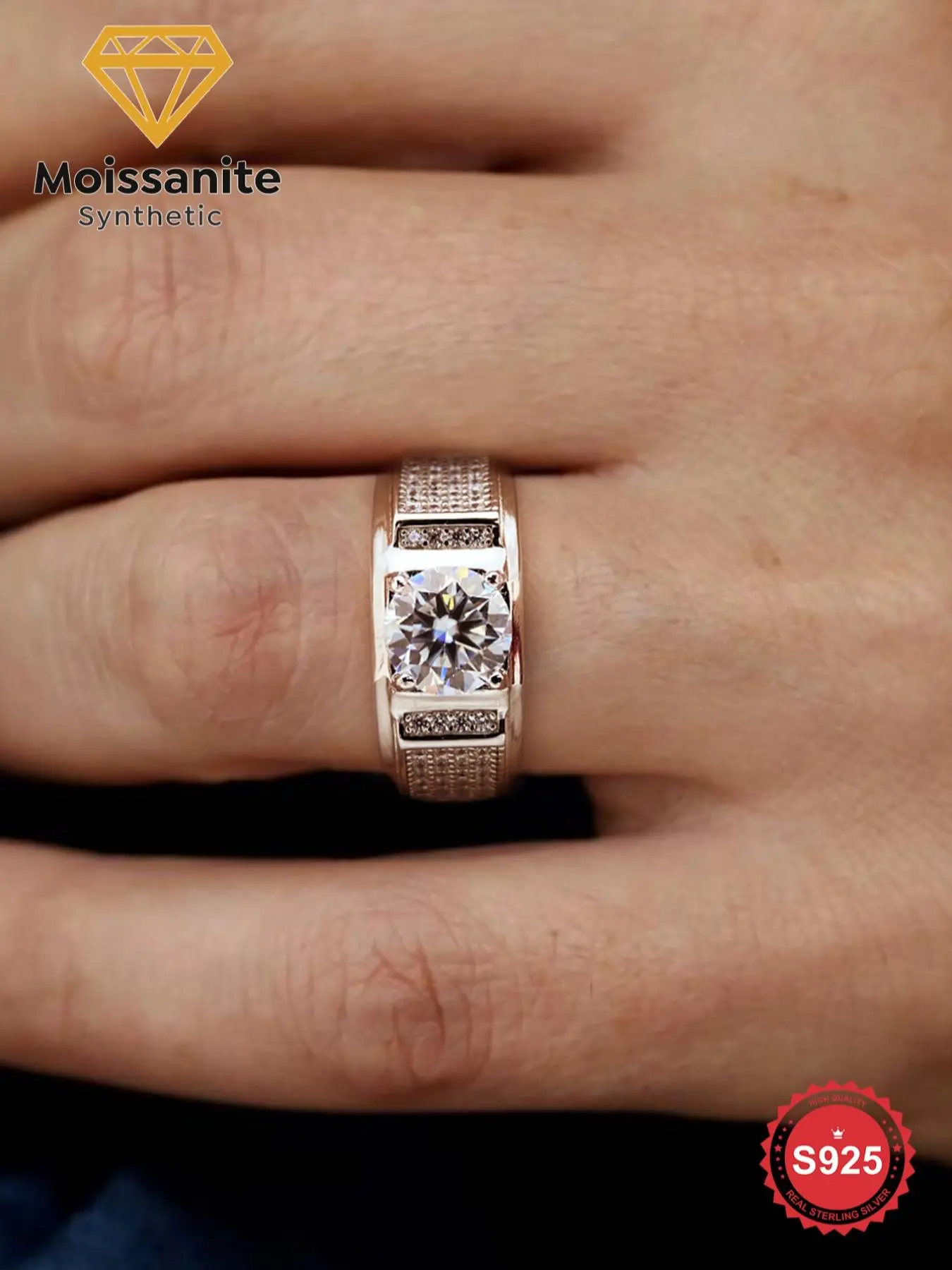 S925 Sterling Silver Synthetic Moissanite Ring, Wedding Engagement Ring, Anniversary Engagement Ring, Elegant Ring, Fashion Accessories for Men, Fine Jewelry for Birthday Gift, with Certificate