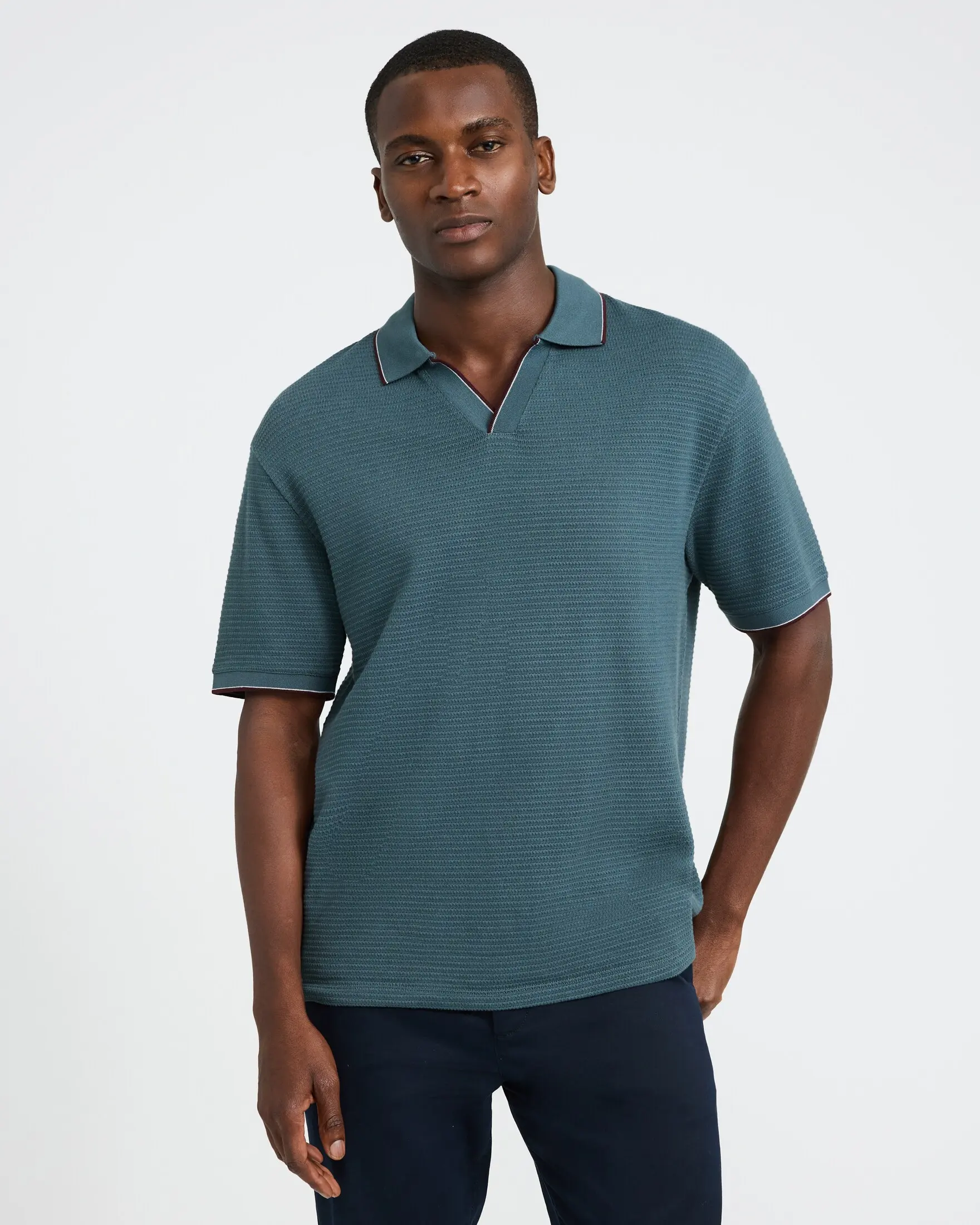 Express Men's Casual Breathable Plain Tipped Textured Johnny Collar Classic Fit Polo, Menswear Tops