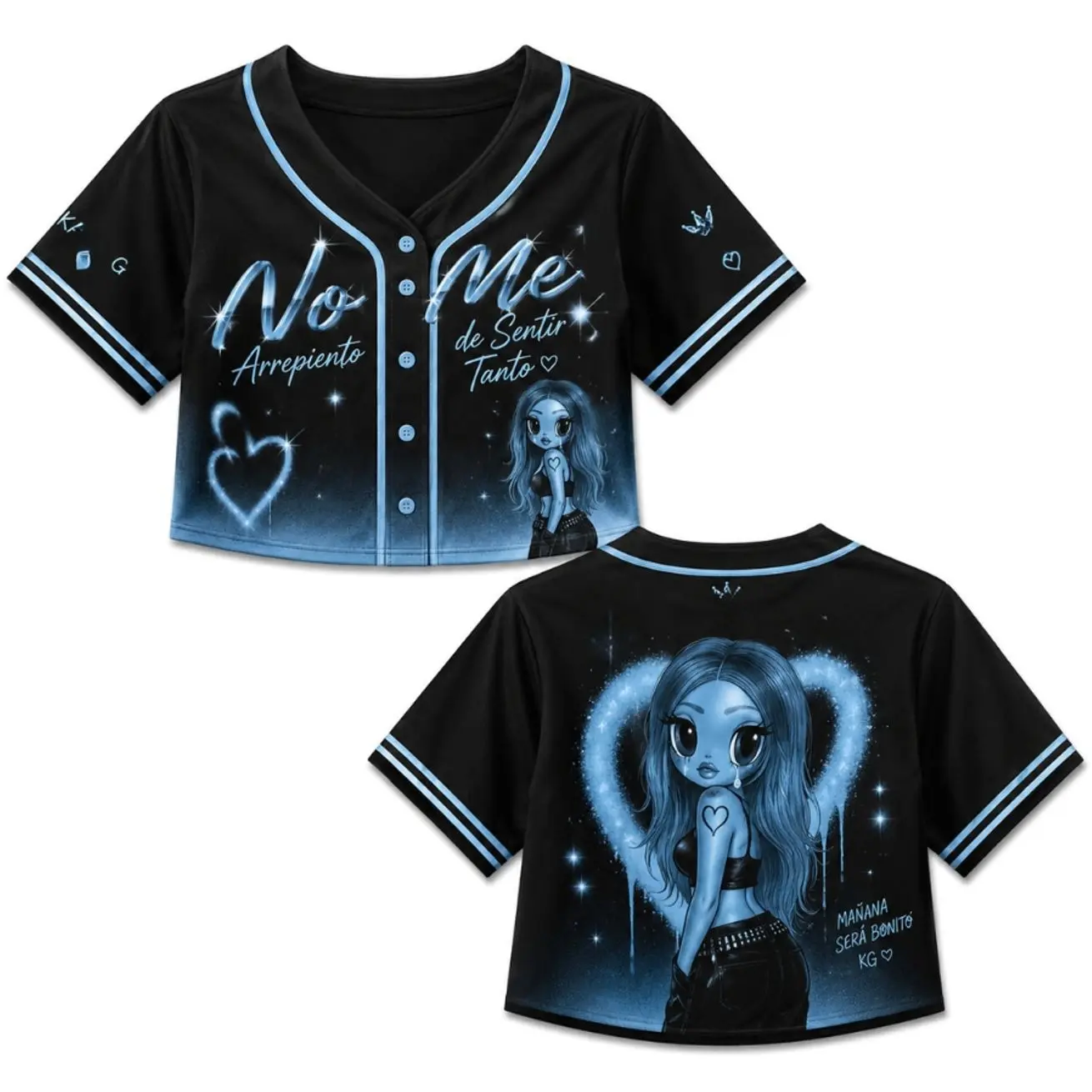 No Me Arrepiento Inspired Crop Top Jersey Women's Latin Music Graphic Button Up Shirt Blue Aesthetic Concert Outfit Festival Fashion Gift