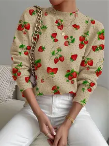 Women's Strawberry Polka Dot Fruit Print Stand Collar Sweater, Fall Winter Casual Long Sleeve Knitwear, Comfortable Warm Clothing