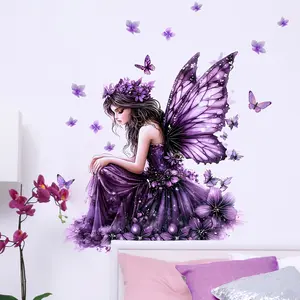 A set (30*60cm*2pcs) of creative purple-themed elf girl, flower and butterfly art wall stickers Decorative Wall Sticker for living room and entrance decoration (M14246)