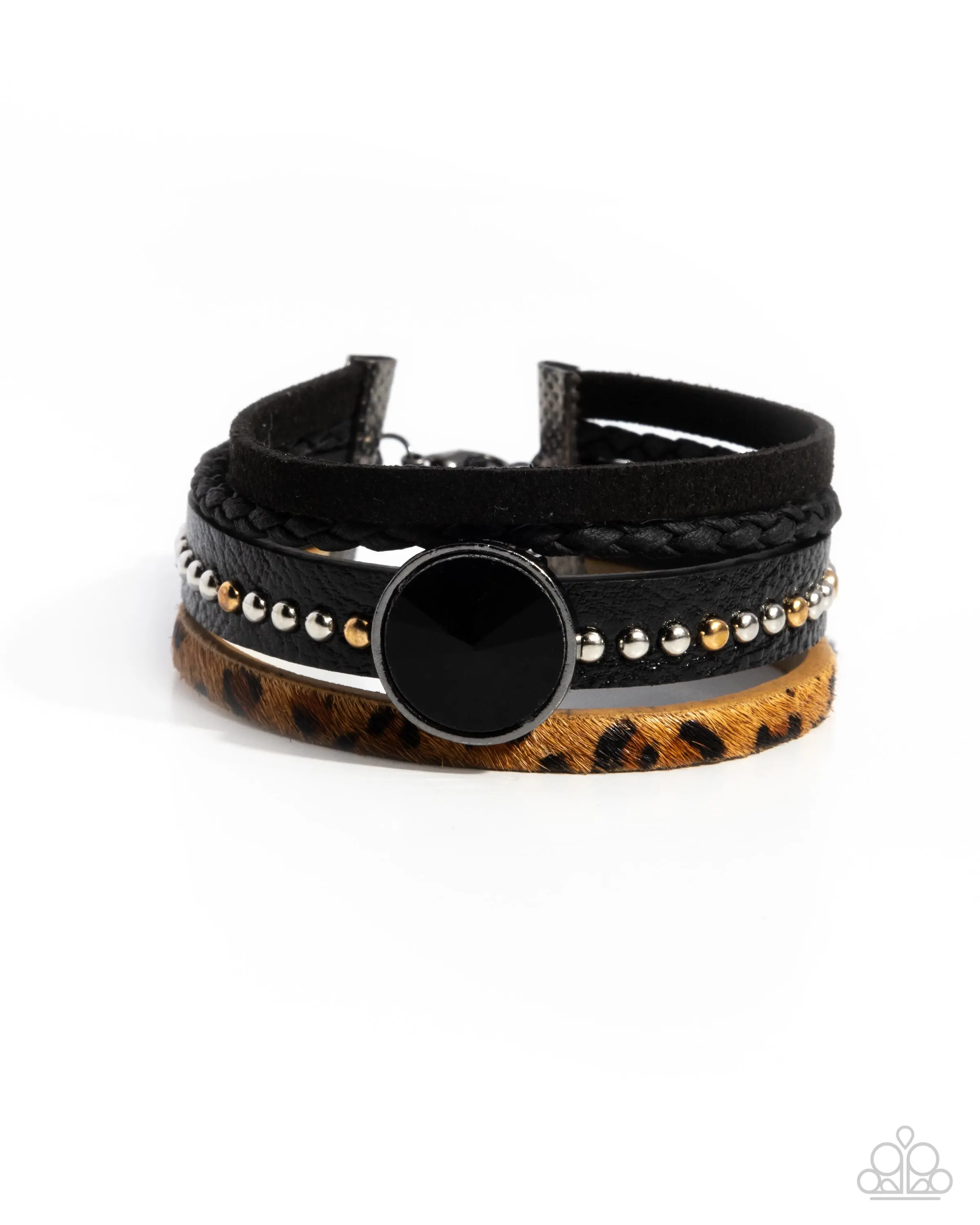 Fair LEATHER - Black Gem Leather Cheetah Print Bracelet - Paparazzi