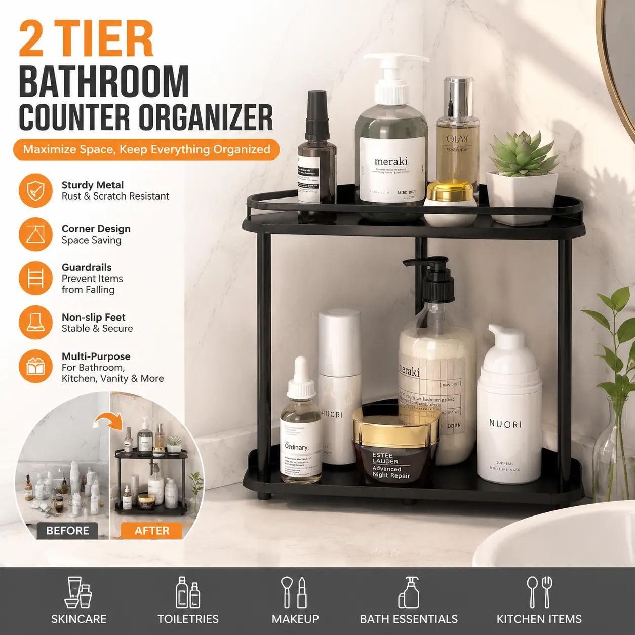 Bathroom Counter Organizer, 2 Tier Metal Vanity Shelf for Skincare Makeup and Toiletries, Space Saving Countertop Storage Rack