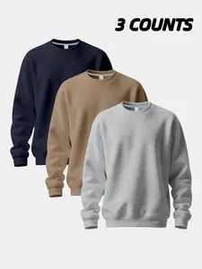 Men's 3 Piece Round Neck Sweatshirt Set, Soft Fleece Casual Pullover, Classic Solid Long Sleeve Top, Ideal for Daily Wear, Gym, Layering