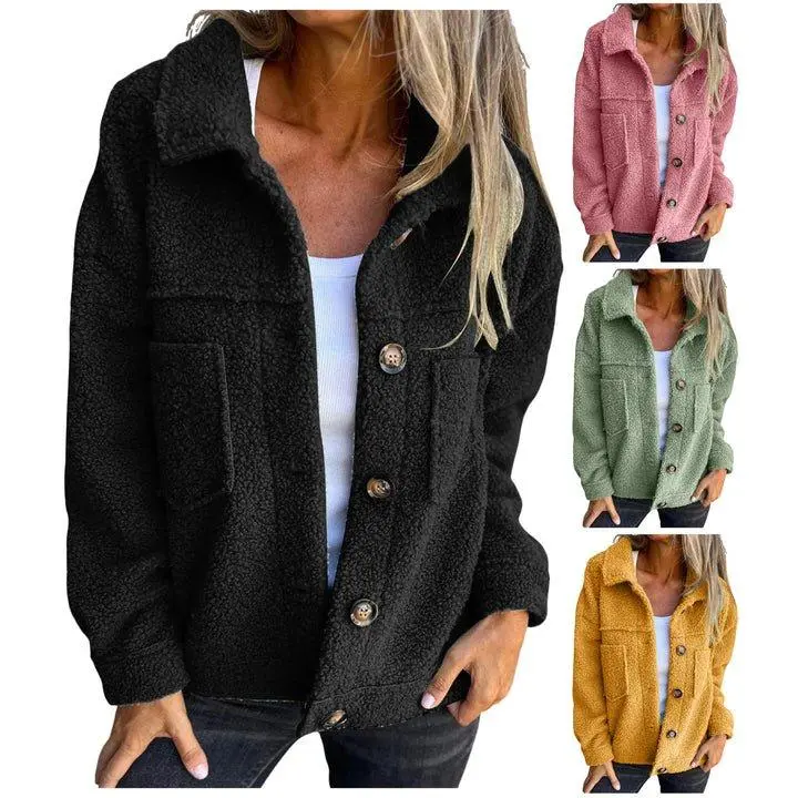 Faux Lamb Wool Warm Coats Womens Korean Button Down Lapel Jackets Fall Winter Thick Long Sleeve Plush Outerwear Chaquetas