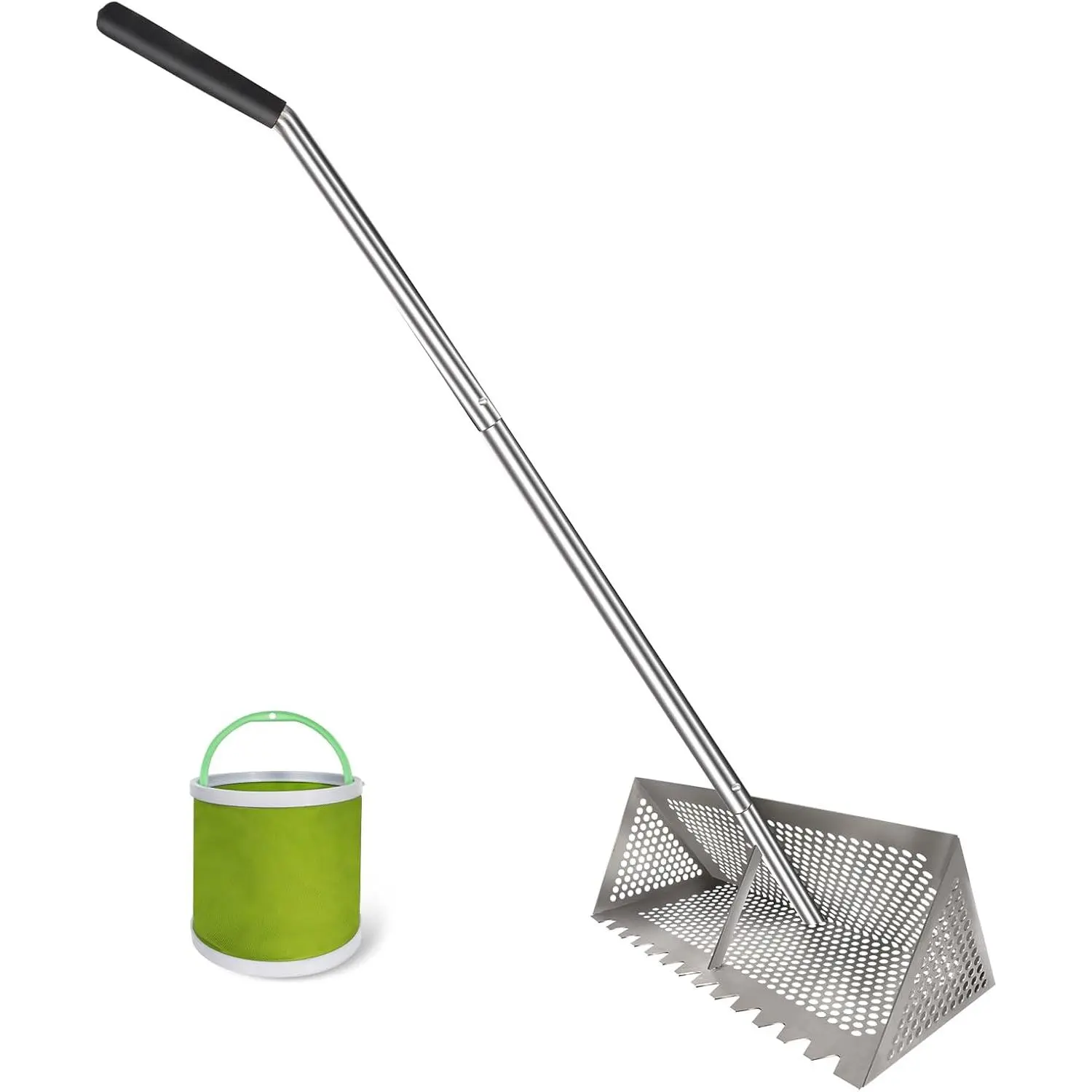 15.8-Inch Wide 304 Stainless Steel Sand Flea Rake, Collapsible Sifter Basket, Curved Handle, Portable Catcher for Beach Travel & Home Supplies Storage