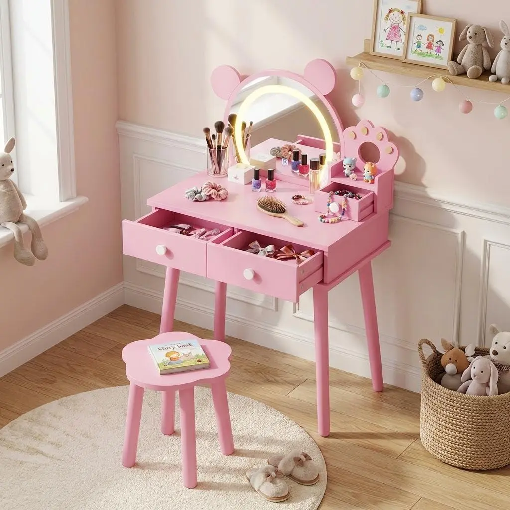 Princess Dressing Table Set for Kids with Bear Mirror and Lights, Stool, Drawers - Wooden Makeup Table for Bedroom and Pretend Play, Pink