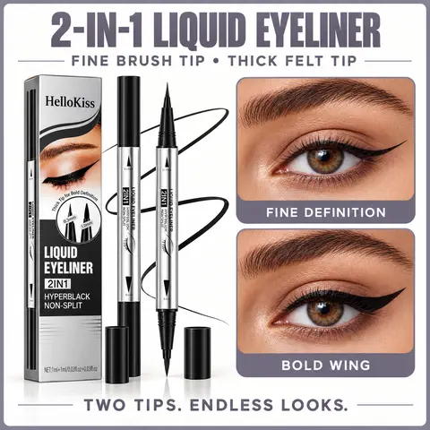 Waterproof Eyeliner Pen - Dual-Tip Black Liquid Cosmetic, 2-in-1 Ultra Fine & Bold Tips, 0.1mm Precision Brush for Winged Liner Looks, Alcohol-Free Long-Lasting Smooth Eye Makeup