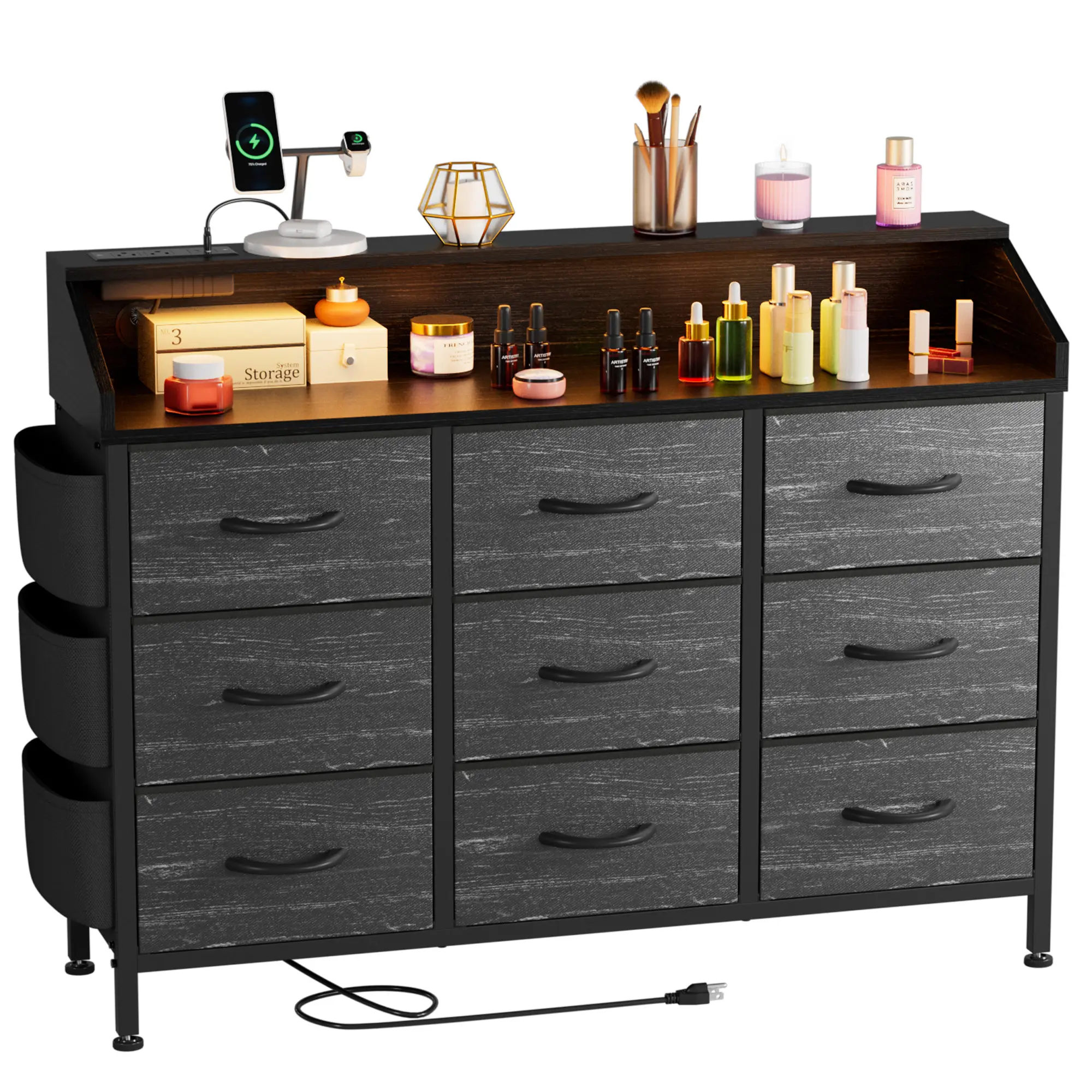 【LaborDaySale】AOWOS Cute 9 Drawer Dresser, Vanity with 9 Large Fabric Drawers, Fabric Dressers for Bedroom with LED Light & Charging Station, Chest of