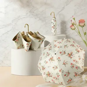 1pcs Gold Hook Floral Umbrella, Rain & Sun Protection, UV Shield, Compact Portable, Three-Fold Design, Ideal for Women
