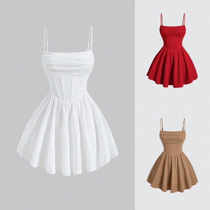 Fashion Dress Solid Color Ruched Back Zipper Strap Dress Casual Womenswear White Formal nadia  outfit